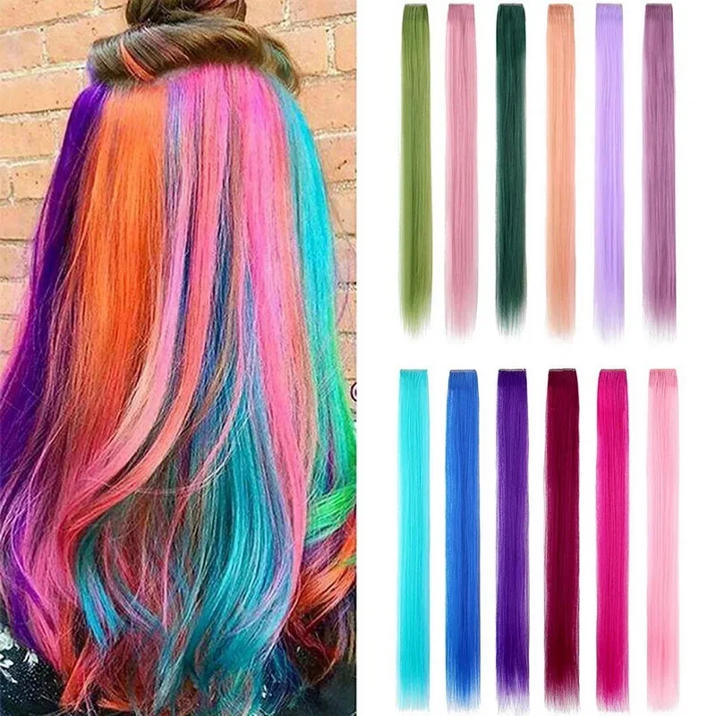 

Colored Highlight Synthetic Hair Extensions With Clips Rainbow Long Straight Hairpieces for Women Kids Girls Purple Pink Blue