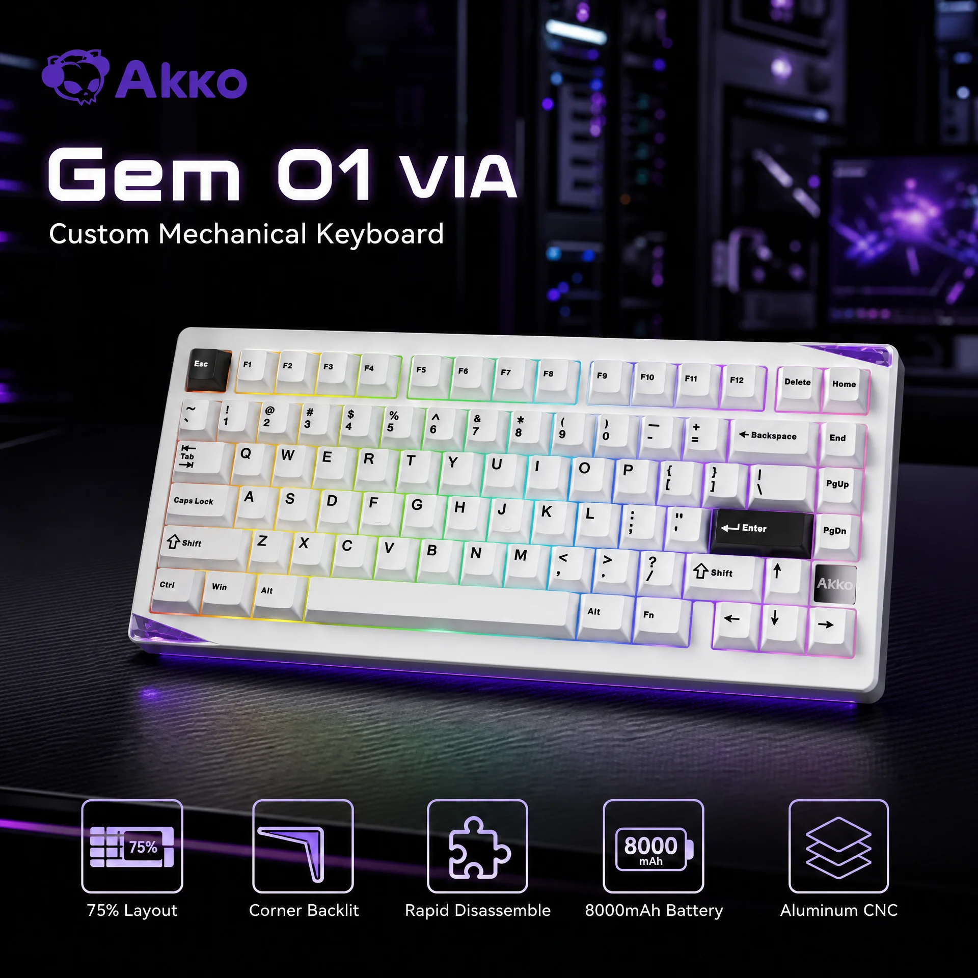 Akko VIA Gem 01 Mechanical Keyboard 75% Layout Corner Backlit RGB Tri-mode Rapid Disassemble Gasket 8000mAh Gaming Keyboard