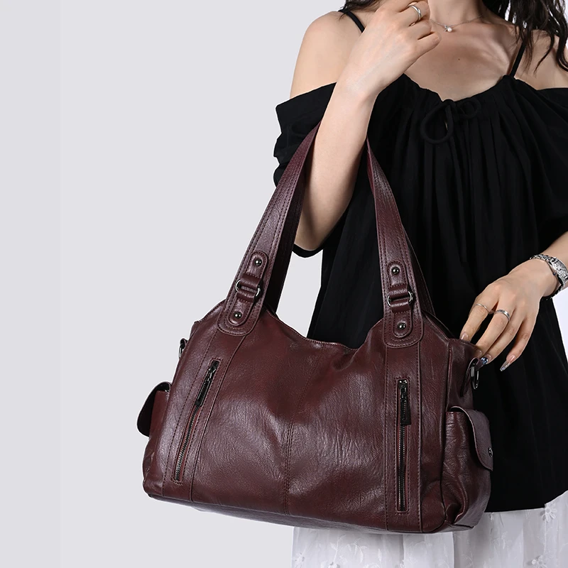 Damen Vintage PU-Leder Handtasche mit mehreren Reißverschlusstaschen, modische Schulter- und Umhängetasche für Arbeit, Alltag und Reisen – Detail 5