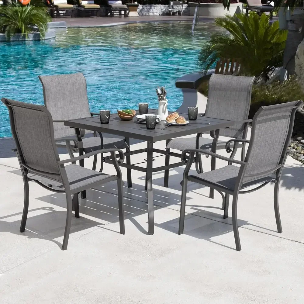 5-Piece Outdoor Patio Dining Set: Square Table with Umbrella Hole, 4 Gray Textilene Chairs for Garden, Patio, Poolside