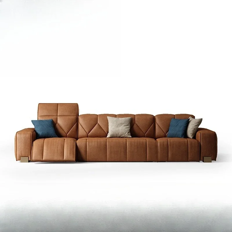 

Villa living room straight row electric sofa combination Italian light luxury leather sofa
