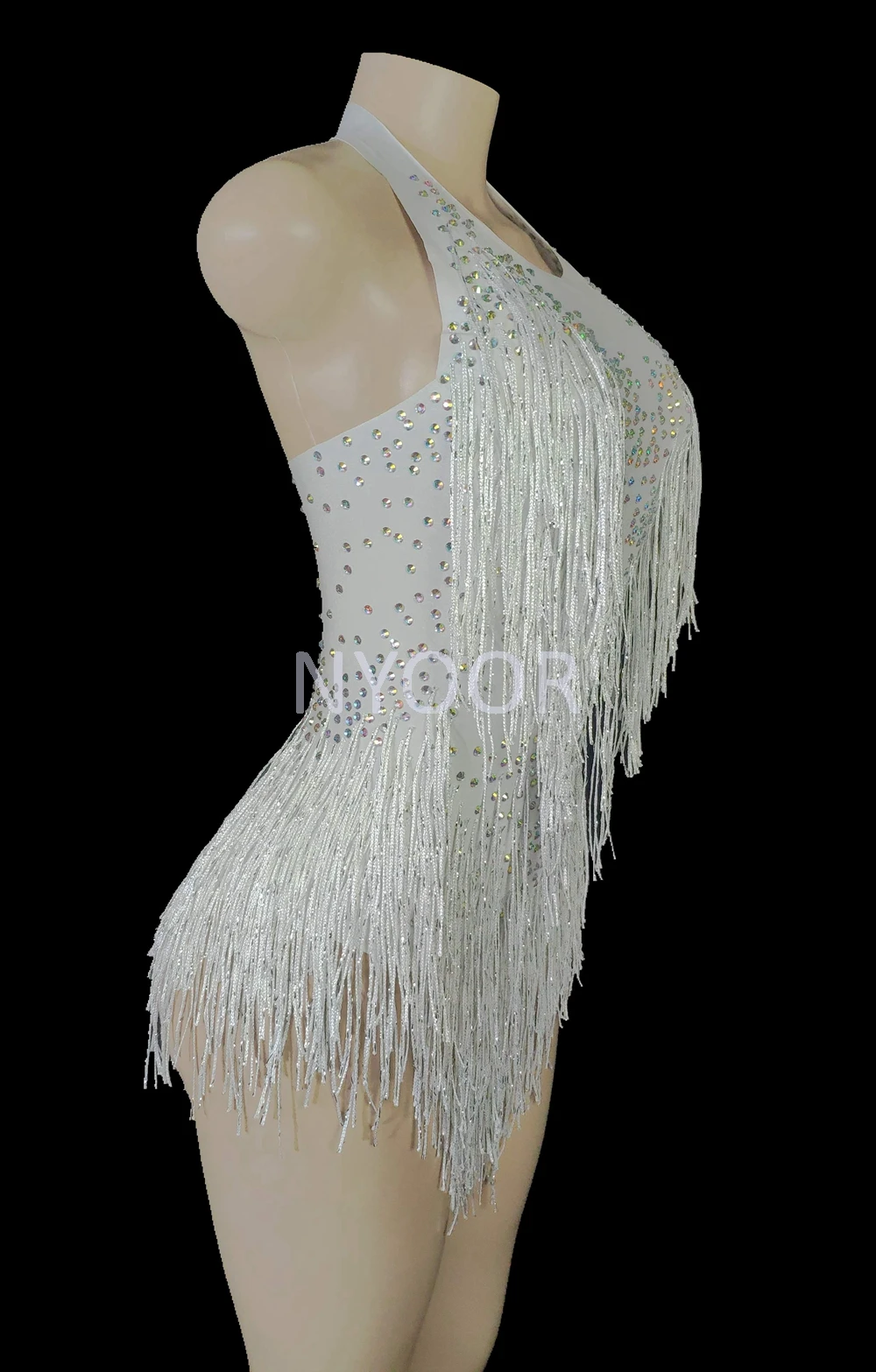 Sparkly Rhinestoness Weiß Quaste Body Frauen Sexy Club Outfit Fringe Dance Kostüm einteiliges Zeigen Tragen Sänger Bühne Trikot