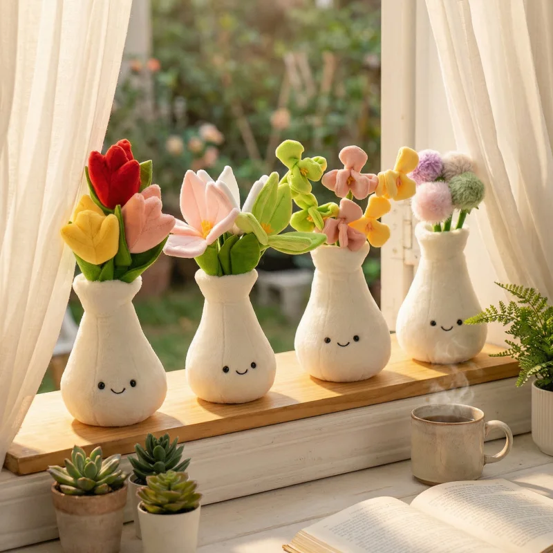 Brinquedo de Pelúcia em Forma de Vaso de Flores, Buquê de Orquídea, Lírio, Dente-de-leão e Tulipa para Presentes de Dia dos Namorados e Aniversário para Meninas e Crianças