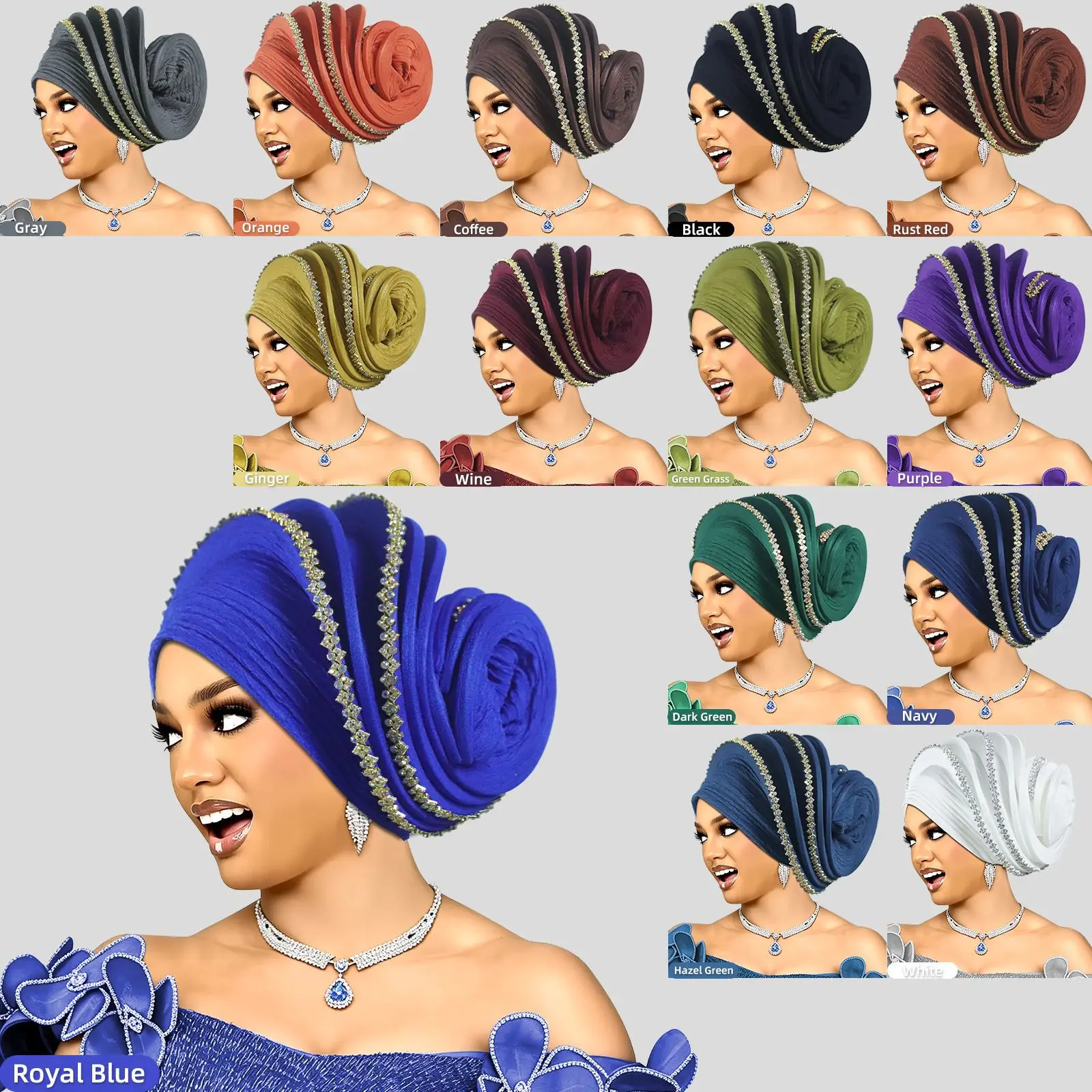 Diamonds Spiral Turban Cap for Women Afrcian Head Wrap Luxury Nigeria Headpiece Wedding Party Auto Gele Hijab Bonnet Muslim Hat
