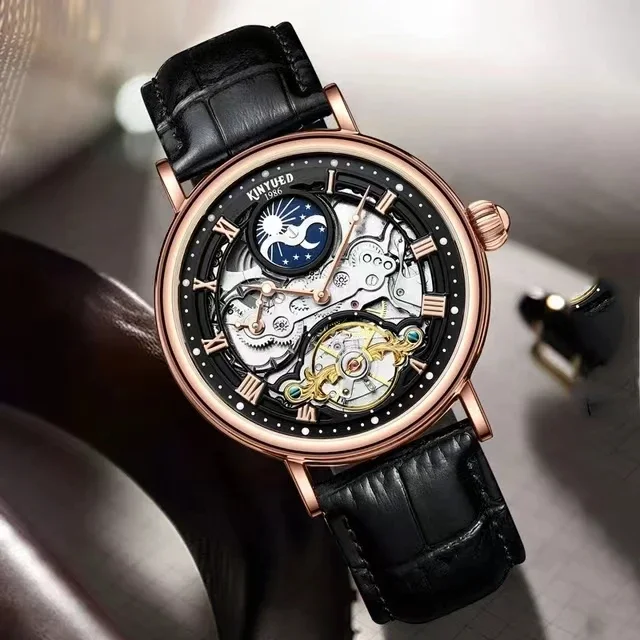 KINYUED J117 orologio meccanico automatico per uomo volano scava fuori orologi meccanici multifunzionali orologio da polso con cinturino in pelle