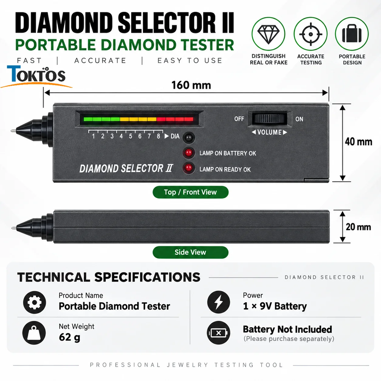 TOKTOS Diamond Tester Pen Thermal Conductivity LCD LED Audio Gemstone Detector for Diamond Jade Ruby Sapphire Jewelry Testing