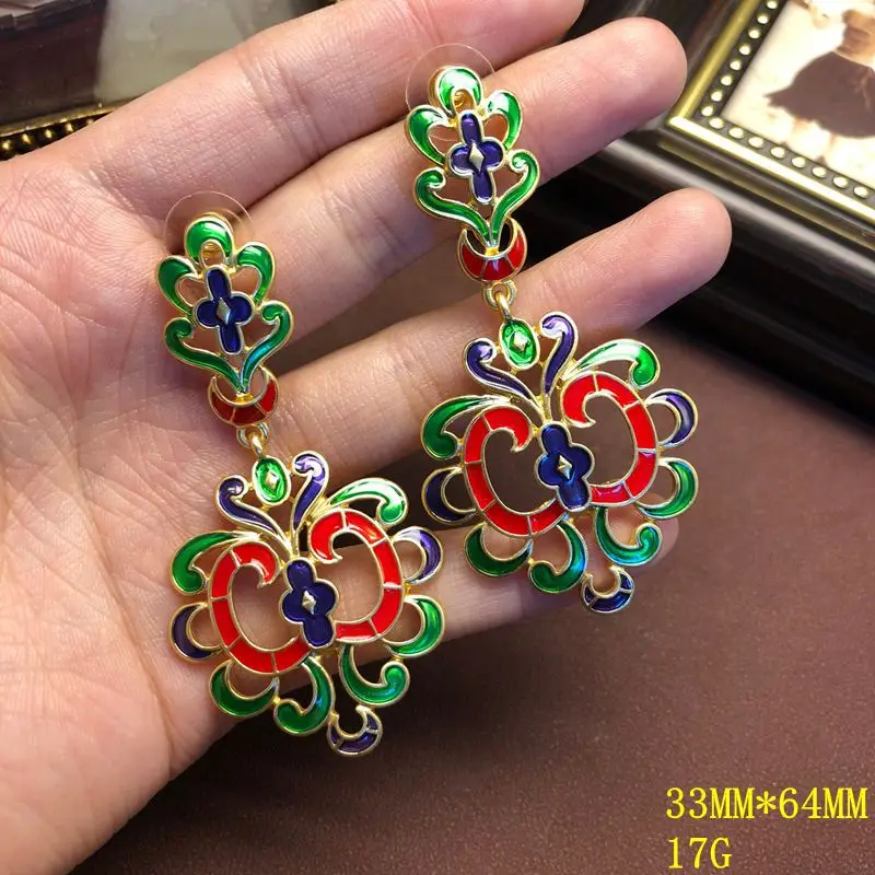Aretes de clip con esmalte colorido de estilo nacional para niñas, joyería exquisita, aretes de diseño versátil.