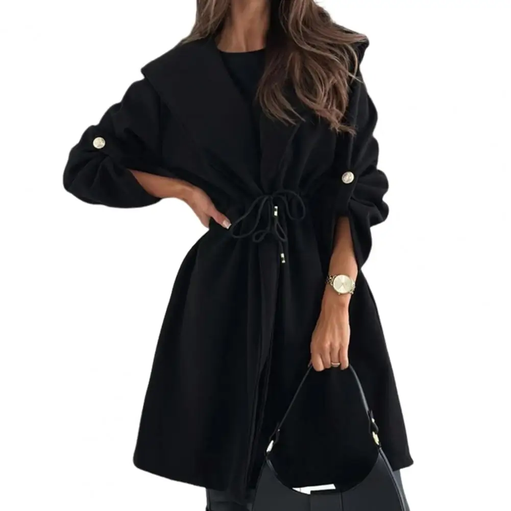 Women Long Cardigan Jacket Long Sleeve Hooded Winter Coat with Drawstring Keep Warm Mid Length for Commuting