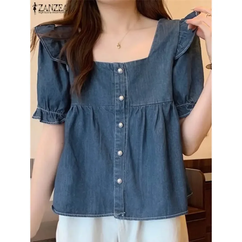 

Korean Women Denim Shirt Sweety Ruffle Short Sleeve Blouse Vintage Square Collar Cropped Tops 2024 Summer Pleated Blusas