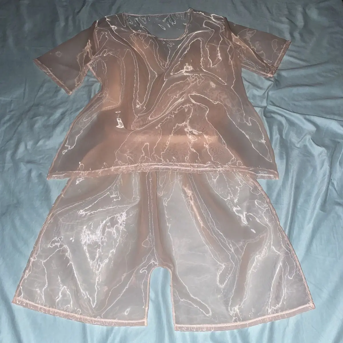 Sexy Thin Silky Soft High Gloss Sheer Top Shorts See Through T Shirt Round Neck Loose Top Trousers FKK Couple Private Party view 3