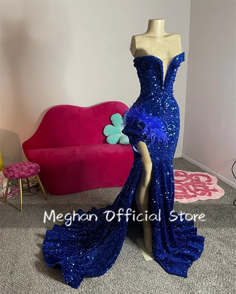 Royal Blue Sweetheart Long Prom Dresses Black Girls Sequin 2024 Birthday Luxury Dress Feather Graduation Gown Split Customized