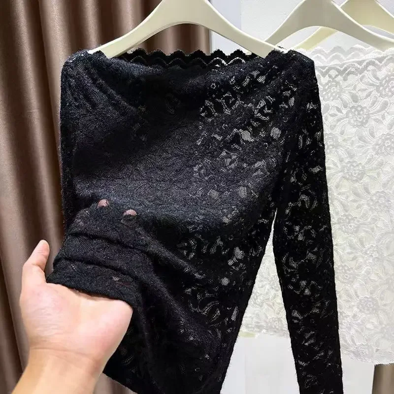 

Sexy Women Lace Tops Long Sleeve Inner Wear Mesh See Through Lace Shirt Base 2025 Autumn Winter Top Vintage White Bottom Blouse