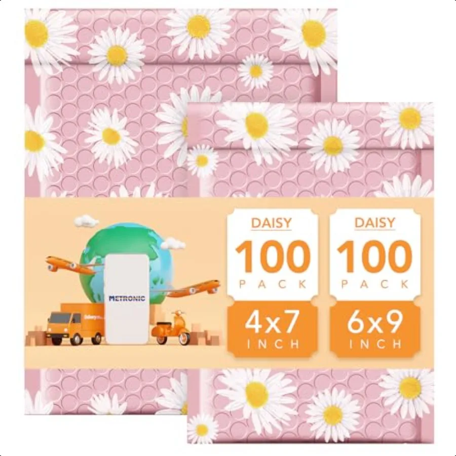 

4X8 100pack Daisy + 6X10 100pack Daisy Bubble Mailers Waterproof Self Seal Adhesive Padded Envelopes Cushioning Padded Mailers