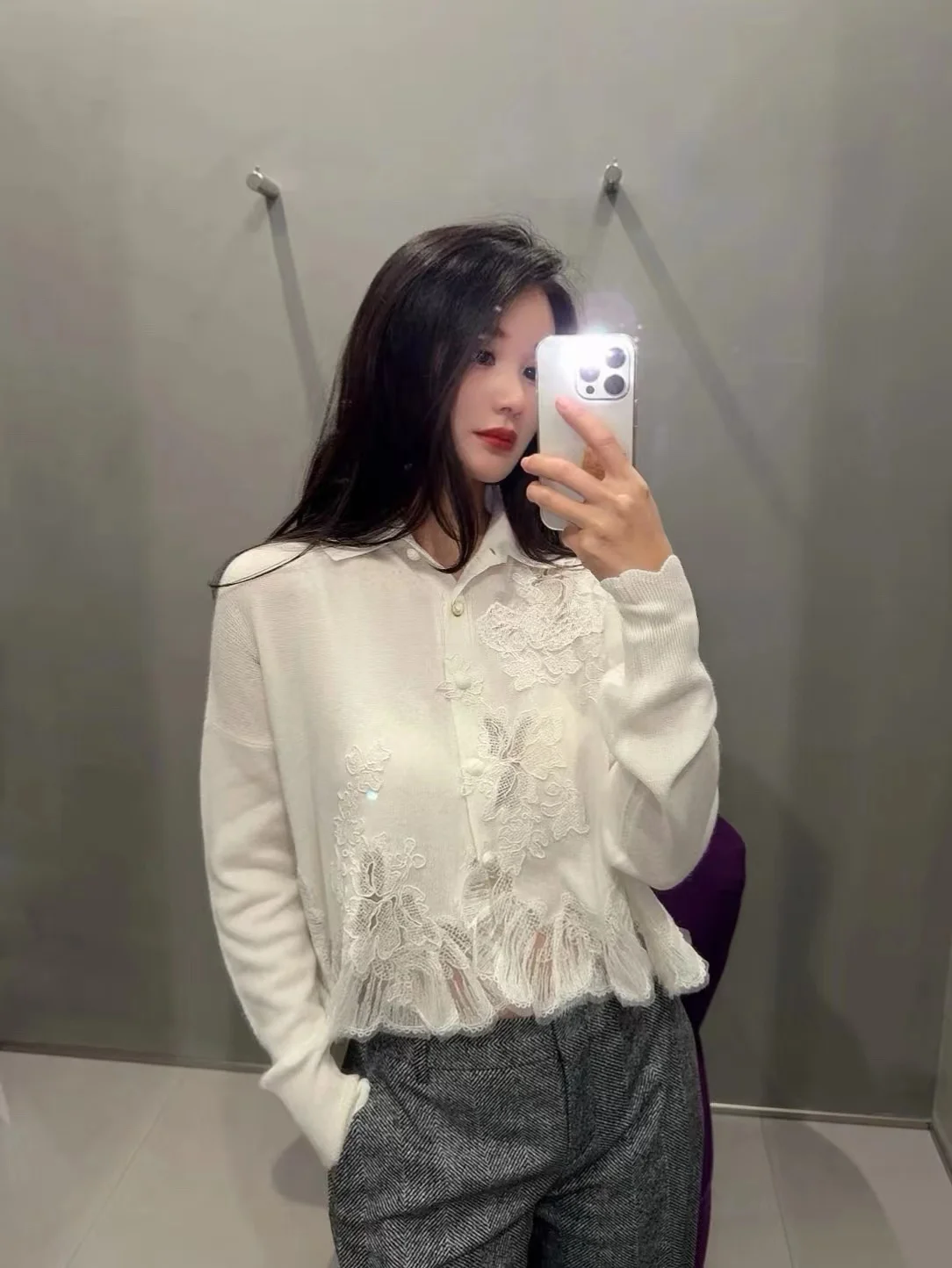 Elegant White Women 100% Cashmere Knit Cardigan Lapel Floral Lace Embroidery Ruffle Hem Black Sweater For Date Daily Wear