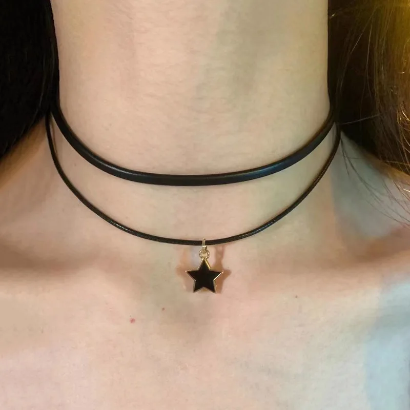ZAKOL Simple Personalized Black Velvet Strap Choker Double Pentagram Pendant Necklace Women's Accessories Ornaments