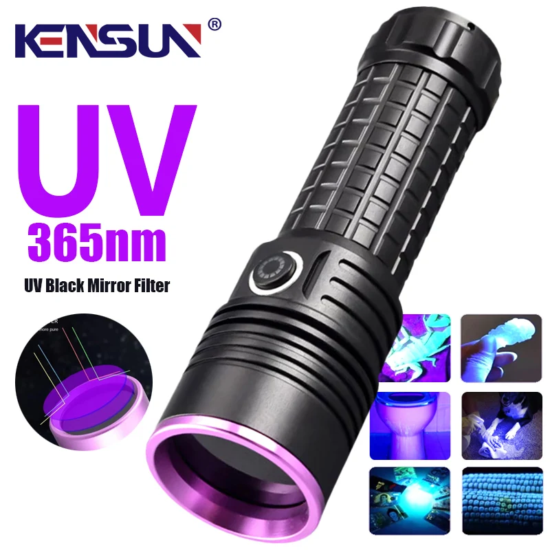 High Power 365NM UV Black Mirror Fluorescent Detection Torch USB Rechargeable LED Flashlight Purple Light Identification Lamp