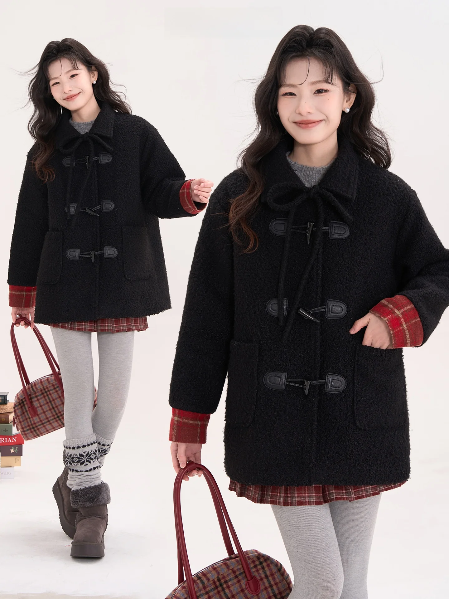 

Теплое хлопковое пальто в клетку для девочек с пуговицами, из утолщенного шерстяного материала, в корейском стиле, Sweet Talkl