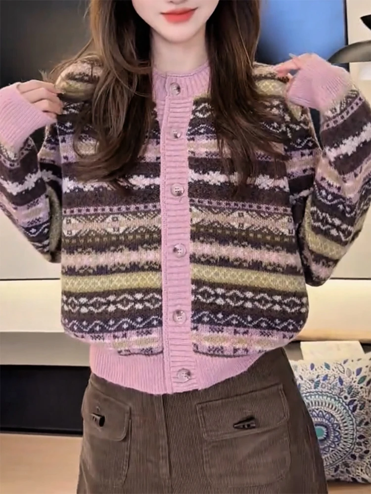 

Korean Sle Large Size Soft Knitted Cardigan Autumn Winter New Arrival Vintage Floral Patterned All-Match Anti-Aging Top