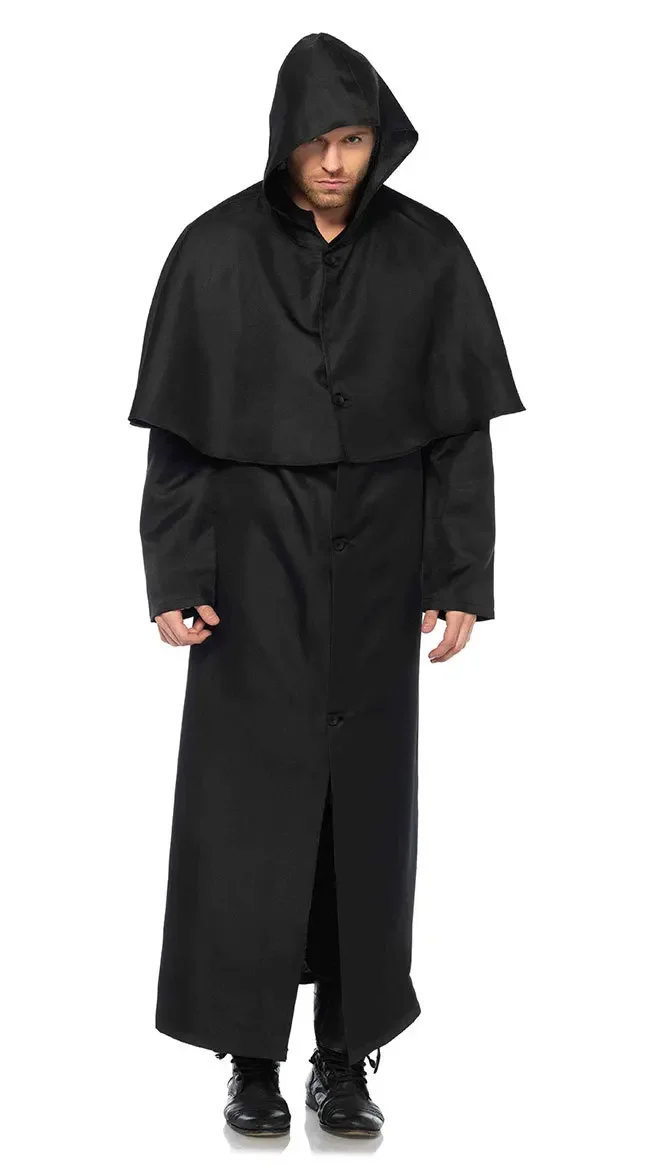 Medieval Priest Costume for Men Wizard Monk Pastor Black Robe Suit Halloween Retro Preacher Cosplay Clothing