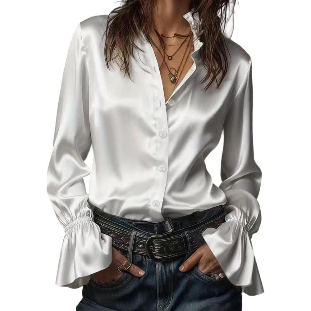 

Элегантные женские атласные рубашки, повседневные блузки с расклешенными длинными рукавами на пуговицах, однотонные офисные топы для женщин