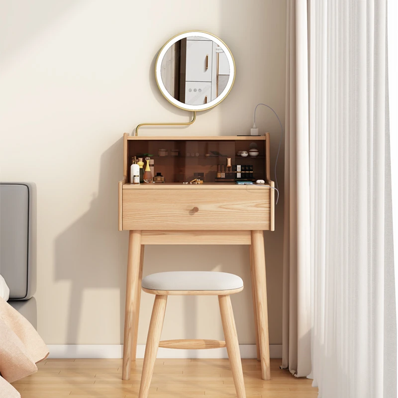 

Japanese style dressing table small solid wood bedroom mini dressing table small-sized apartment with light mirror makeup table