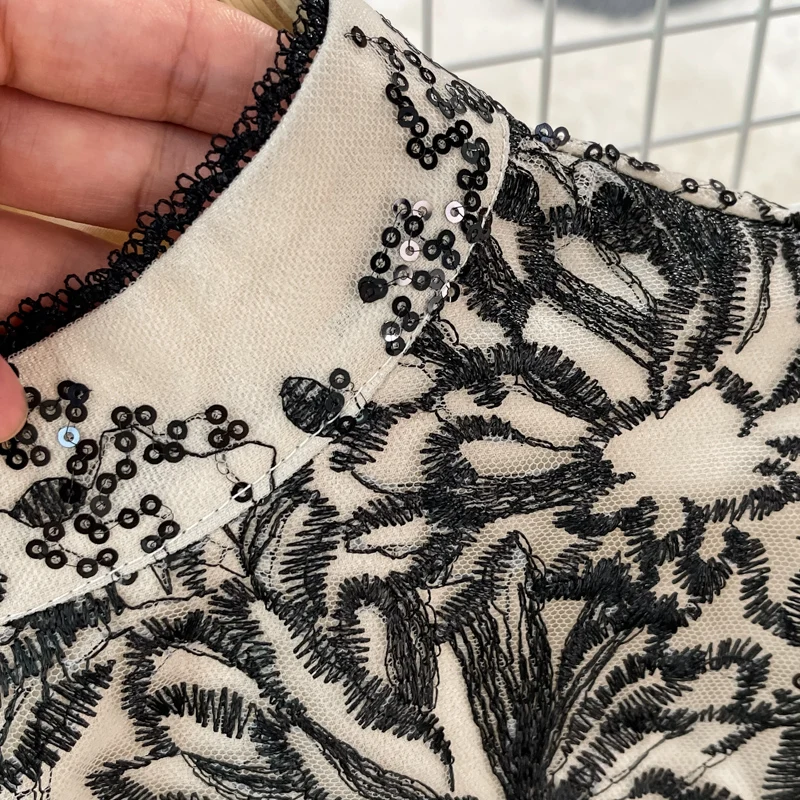 Vestido Sexy de malla bordada con cuello levantado y mangas acampanadas, vestido elegante de fiesta de noche para mujer, vestidos ceremoniales de cintura alta