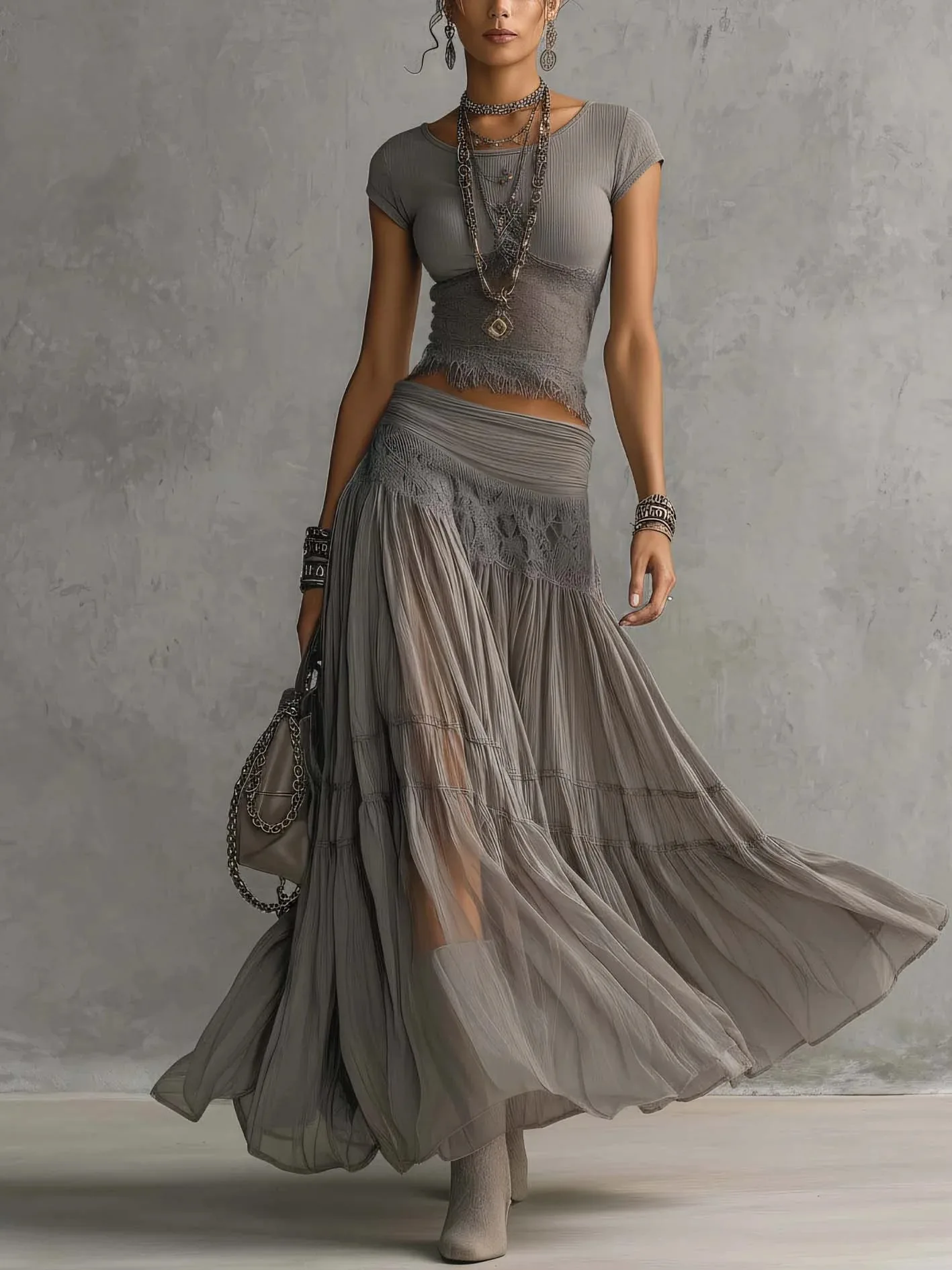 Chic Women Maxi Dress 2 Pieces Sets Solid Slim Fit Lace Splice Short Sleeved Top with Drawstring Elasticity High Waisted Skirts