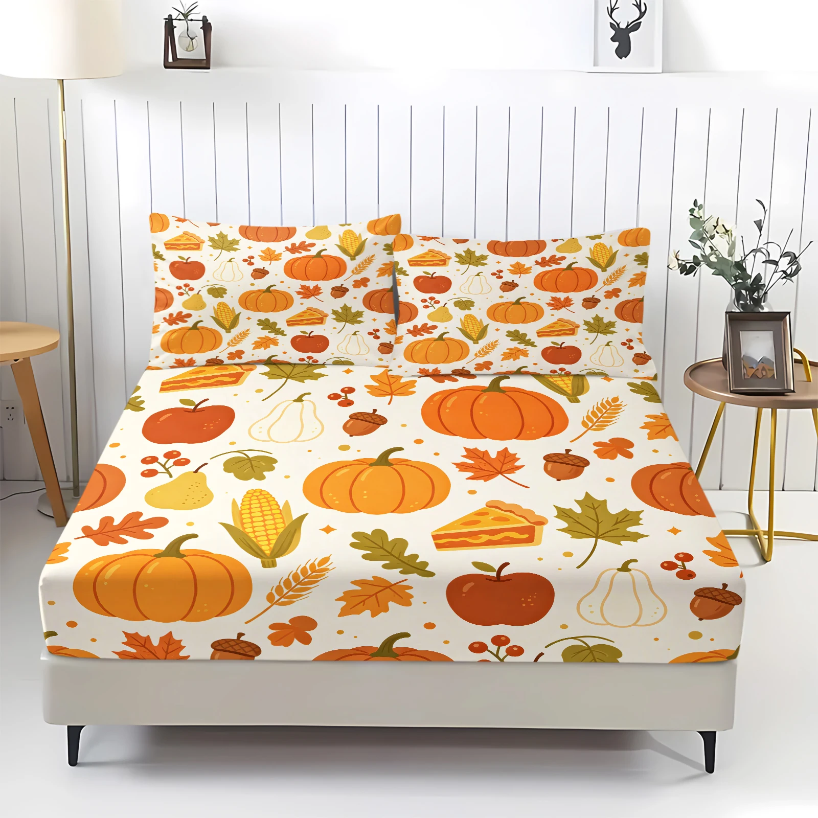Thanksgiving Pumpkin Fitted Sheet Set Autumn Harvest Maple Leaf Printed Deep Pocket Bed Sheet With Pillowcases Fall Bed Linen