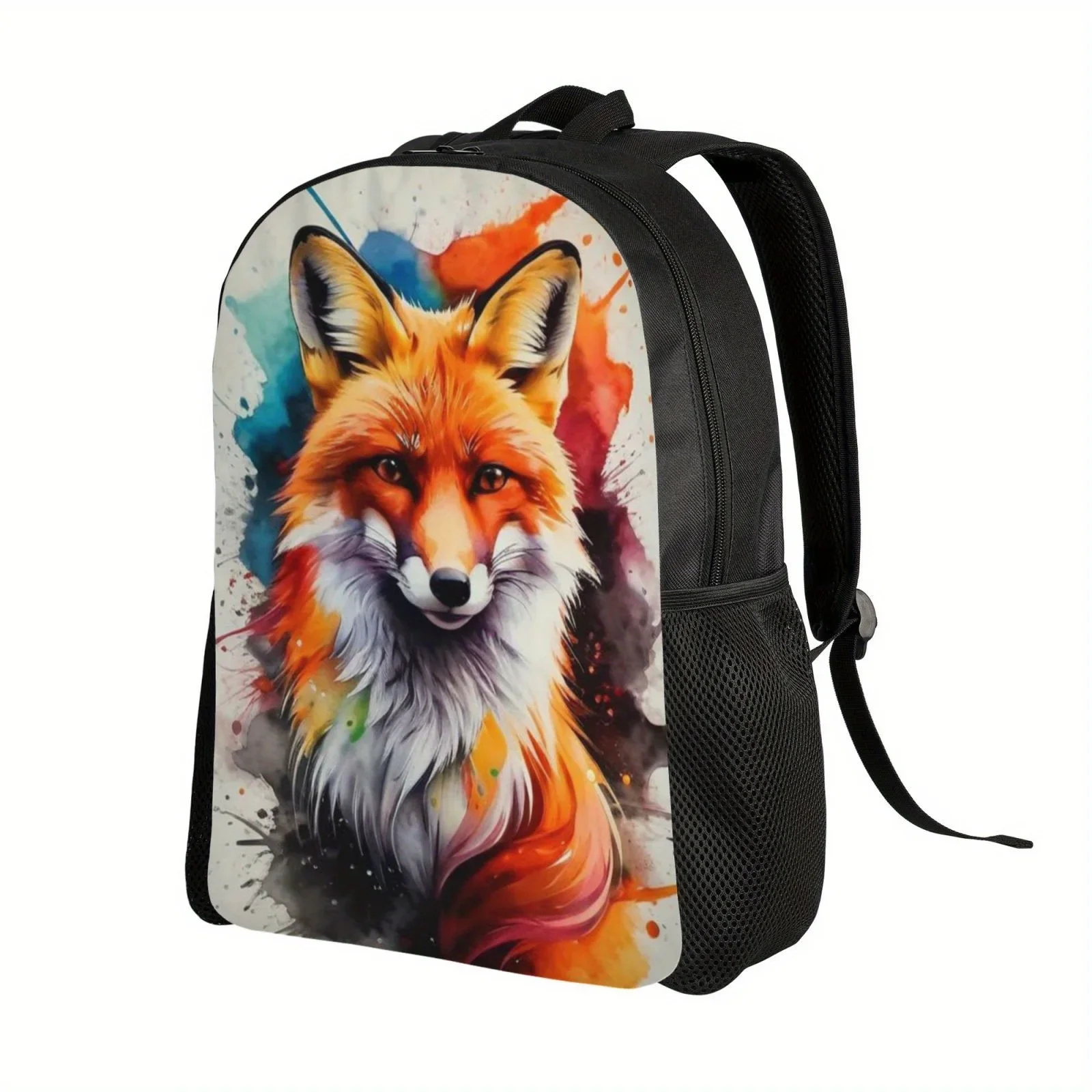 Large Capacity Watercolor Fox Casual Backpack - Lightweight, Adjustable Shoulder Bag with Polyester Lining and Zipper Closure