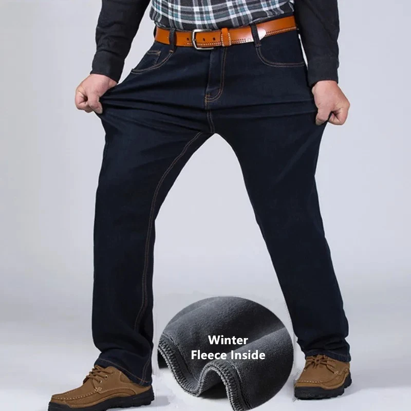 Men Winter Jeans Stretch Thick High Waist Velvet Warm Pants Plus Size Loose 46 48 50 52 Denim Male Straight Fleece Denim Trouers