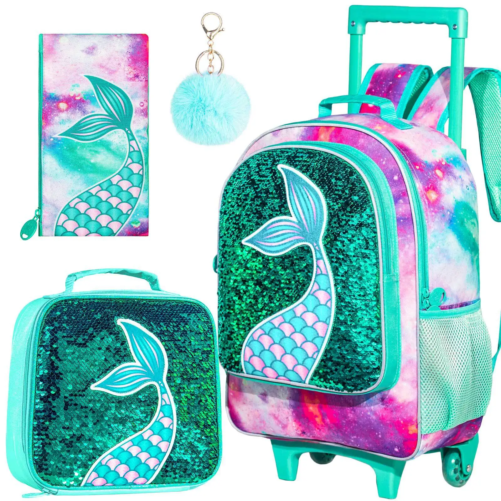 

New Children's Trolley Bags Cartoon Cute Fish Tail Back to School Backpack with Wheel Kids Suitcase Lightweight Luggage Bag Set