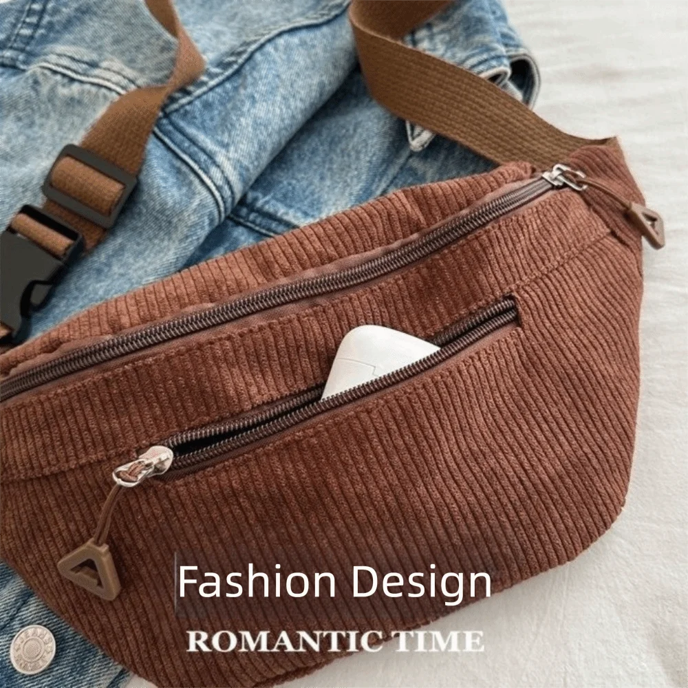 Casual Large Capacity Waist Bag Brown Corduroy Anti Theft Crossbody Bag Belt Bag Women view 5