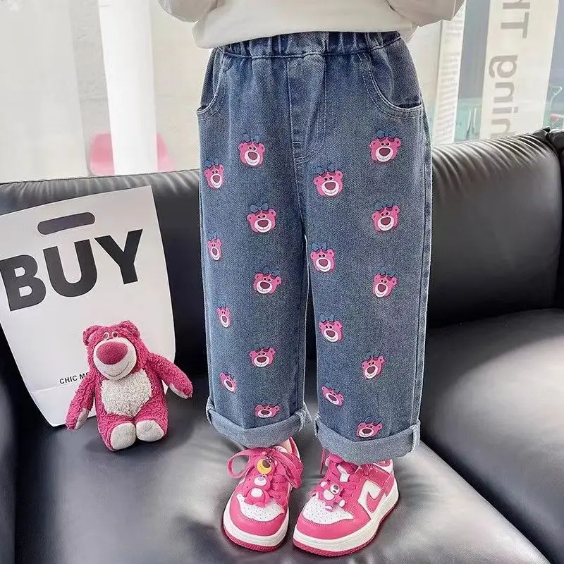 Little Girl Jeans Spring And Autumn 2023 New Girl Wide Leg Fashionable Baby Strawberry Bear Denim Straight Leg Pants Kids