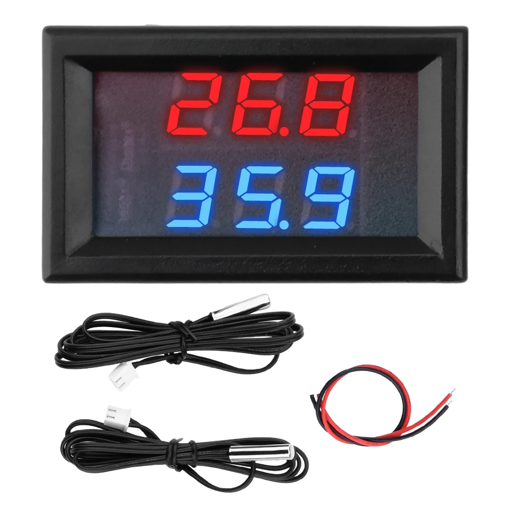 Dual Three-Digit Digital Thermometer High Accuracy Temperature Sensor DC 5~80V -50~+125℃ Wire Length 1M Red and Blue Display