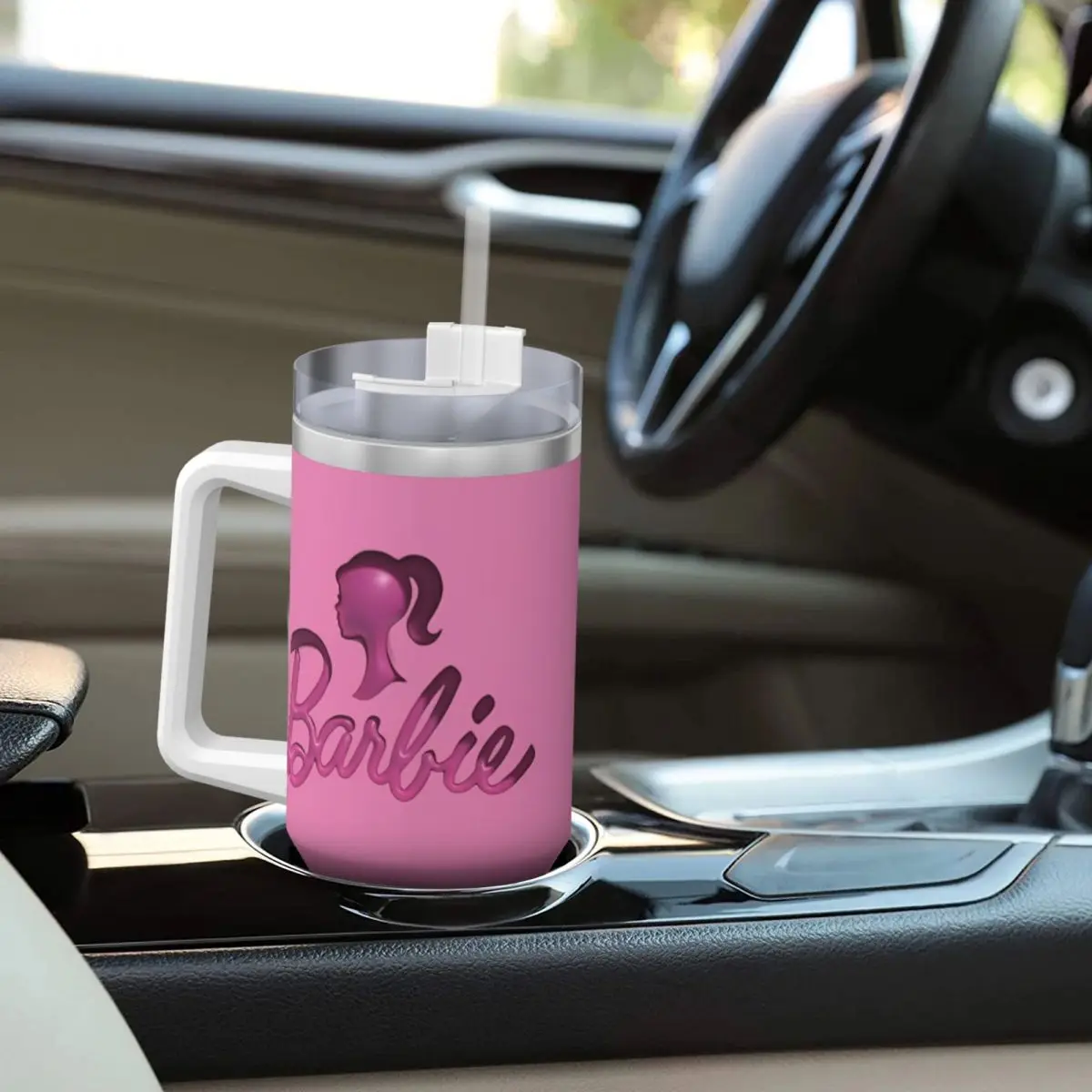 MINISO Barbie Logo Print Stainless Steel Tumbler Driving Thermal Cups With Straws and Lid Large Mugs Cup Hot Drinks Water Bottle