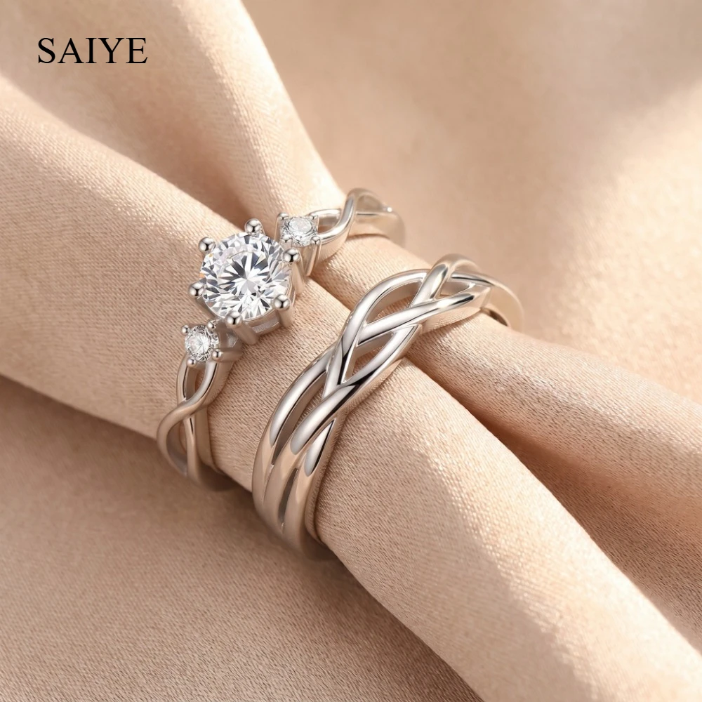 925 Sterling Silver Couple Rings Set, Twisted Band Cubic Zirconia Promise Rings, Adjustable Matching Wedding Rings for Men Women