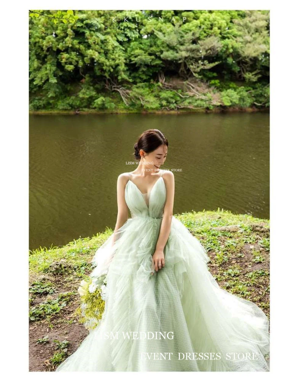 LISM Fairy Light Green Tulle Wedding Dresses Spaghetti Strap Sleeveless Sweetheart Bridal Gowns For Korean Lady Photo Shoot