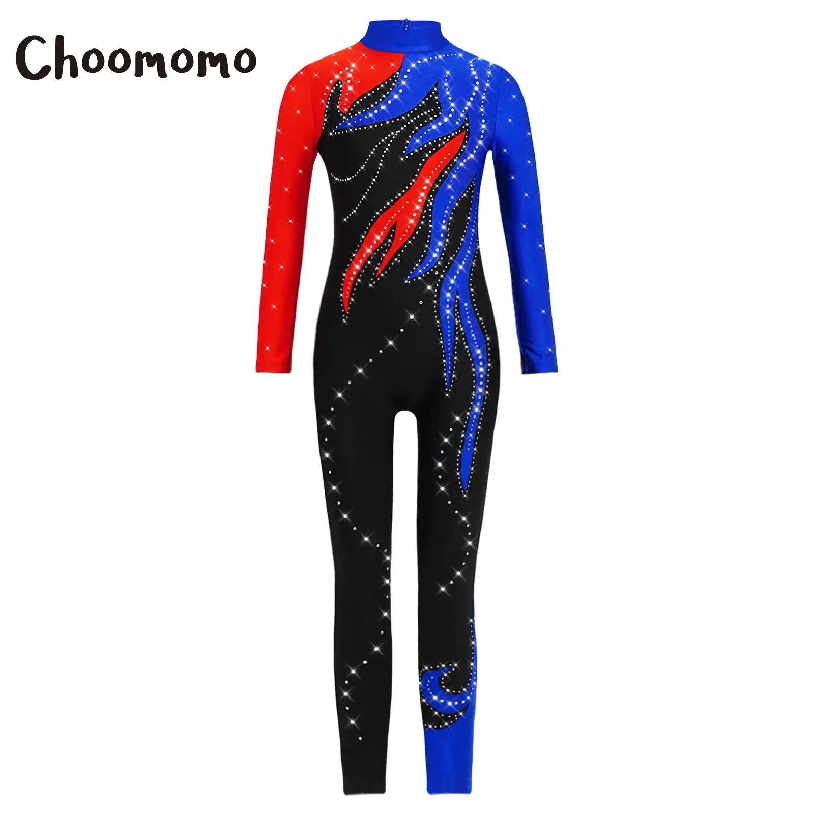 

Kids Girls Long Sleeve Ballet Dance Leotard Workout Full Body Suit Gymnastics Jumpsuit Rhinestones Skating Bodysuit Costumes