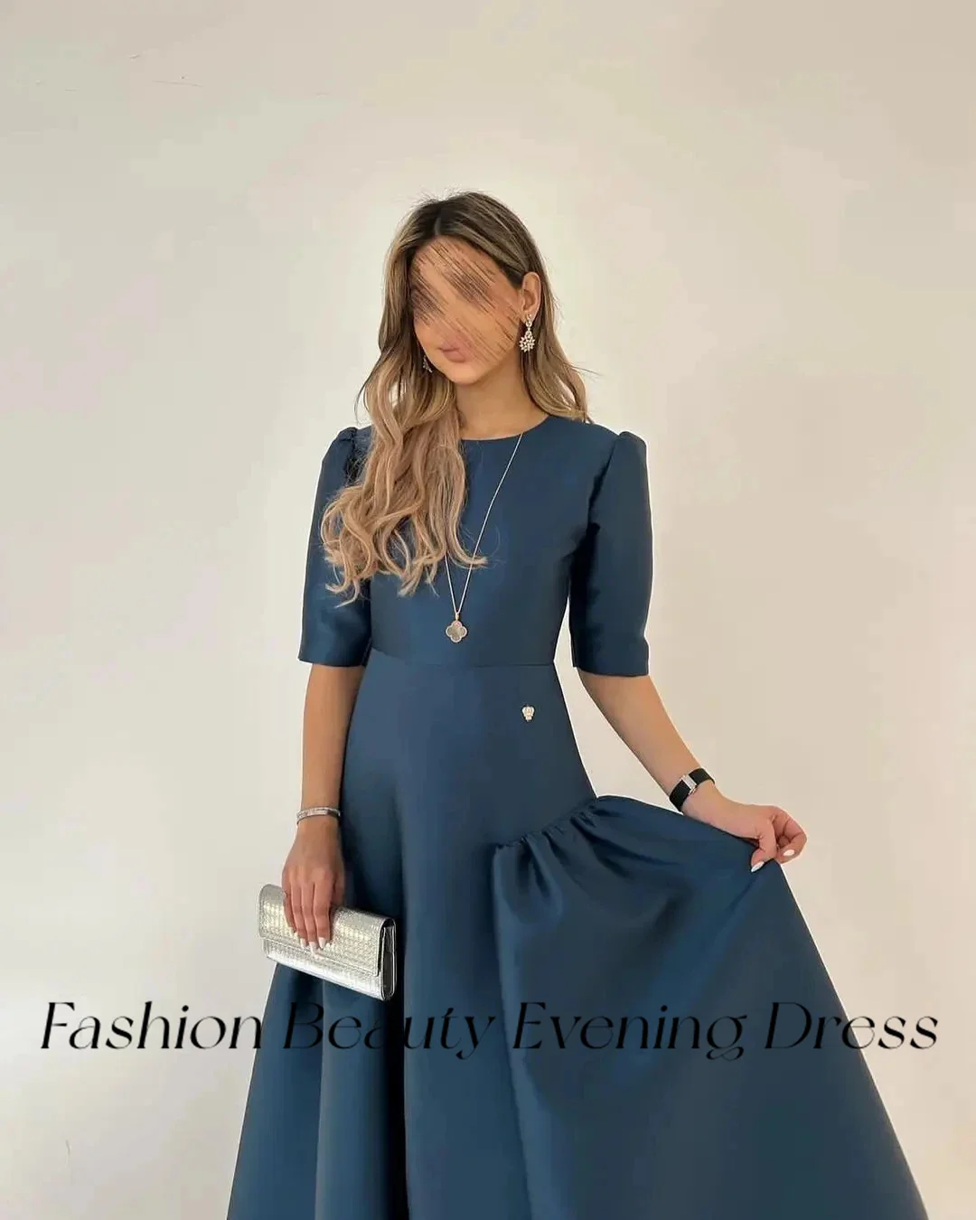 Fashion Beauty Navy Blue Satin Evening Dresses Asymmetrical Short Sleeve Formal Gowns For Women 2024 Vestidos De Graduation