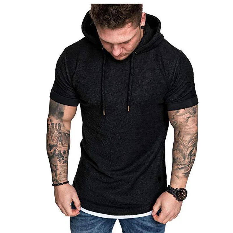 2024 New Men\'s Fashion Hooded Solid Color Short-Sleeved T-shirt Summer Casual Sports T Shirt Hoodies Clothing for Men MY073