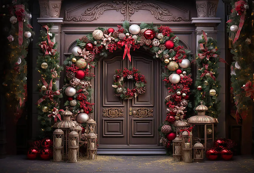 Mehofond-Fondo de Fotografía de Invierno para niños, decoración de retrato familiar, Retro, arco, puerta, nieve, árbol de Navidad, estudio fotográfico