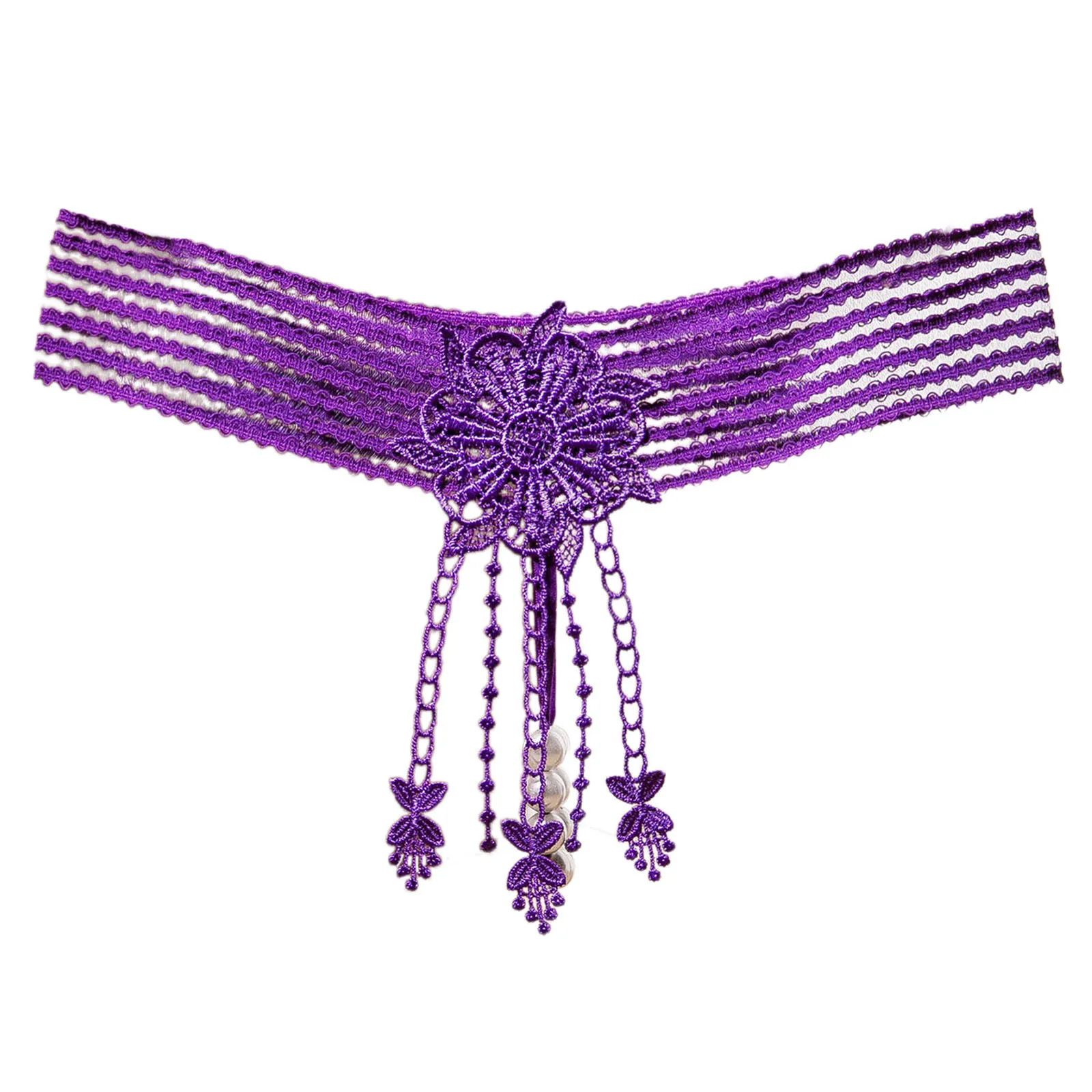Dámské spodní prádlo Sexy krajkové vyšívané tanga bikiny kalhotky s křížovým průhledným páskem a nízkým pasem s perlovým dnem a otevřeným rozkrokem - náhled 5