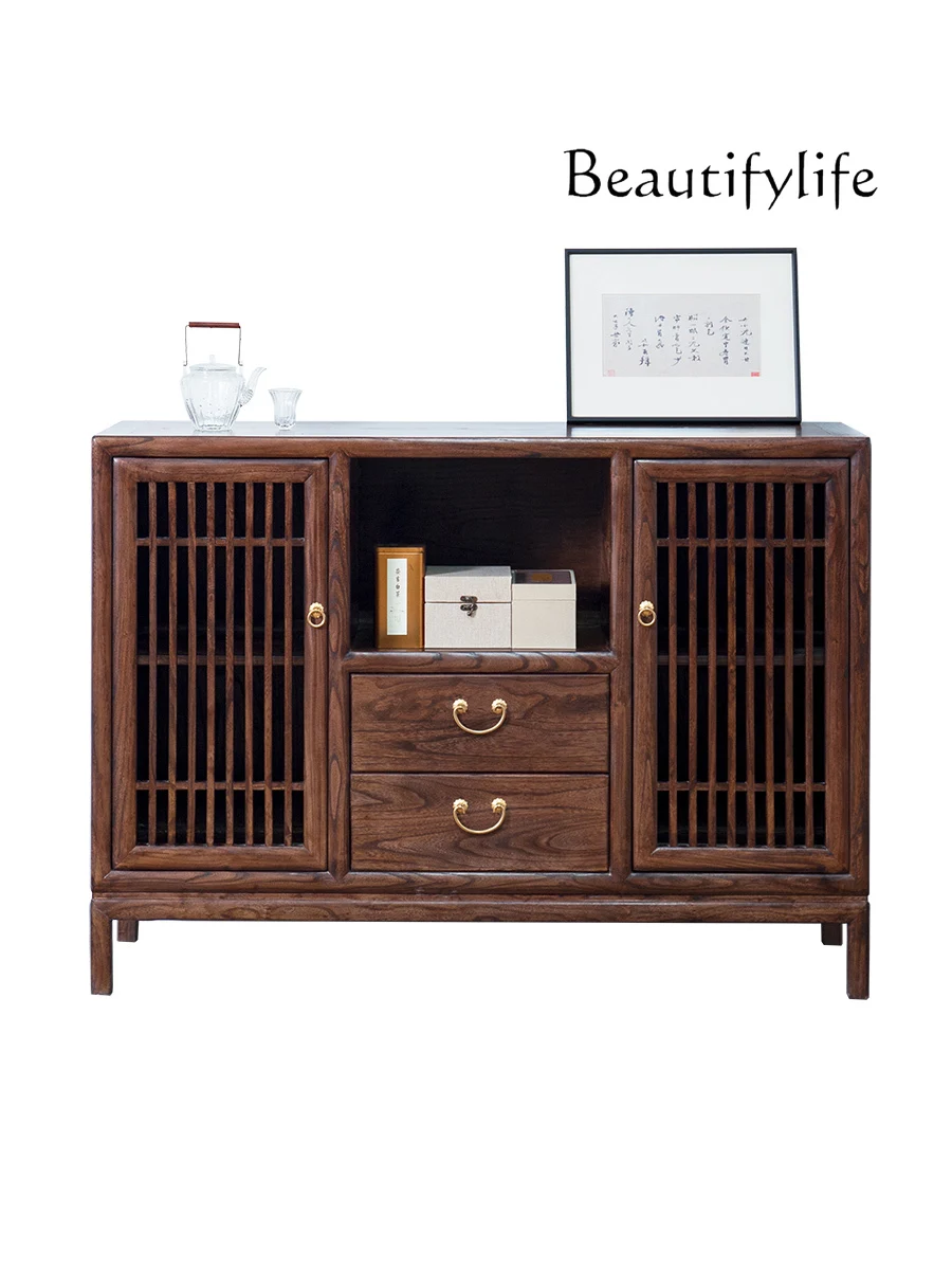 

New Chinese Style Black Walnut Wood Sideboard Cabinet Old Elm Modern Minimalist Storage Solid Wood Door Shoes Storage Cabinet