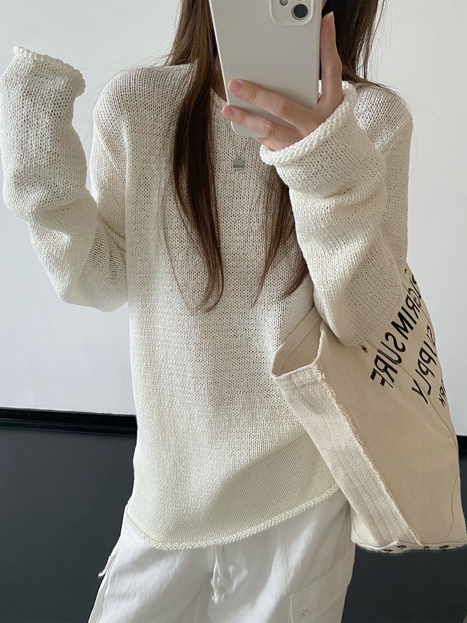 SunYeo Special Yarn Hollow out Loose round Neck Knitwear Casual Cover up Women's Fashion Spring Long Sleeve Regular Length