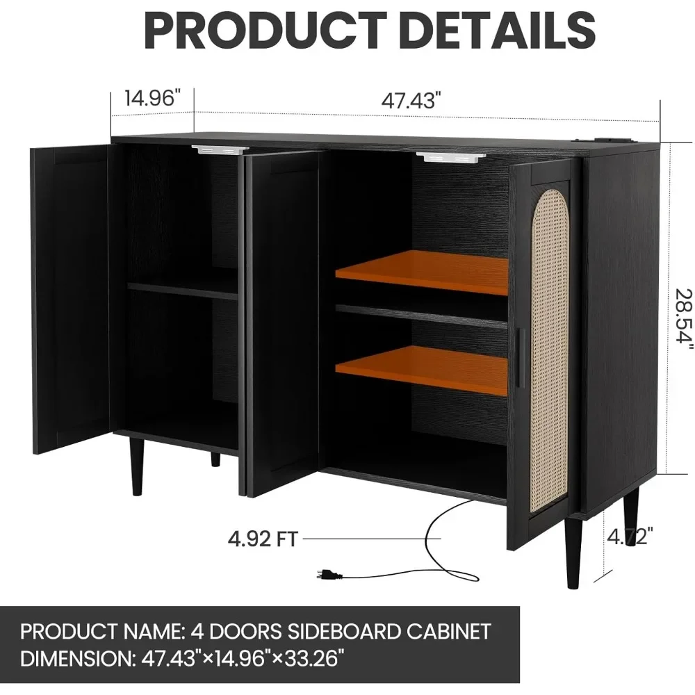 Aparador para Buffet, armario de almacenamiento con 4 puertas de ratán, mesa de consola, barra de café con toma de corriente