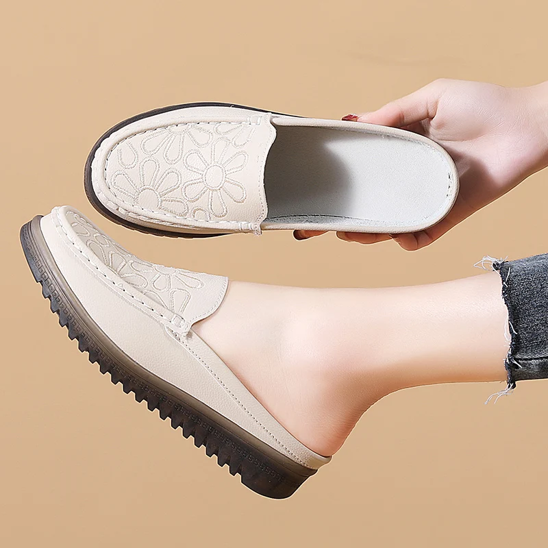 Flat Slip On Half Shoes For Women Slip-ons Flats Leather Casual Slippers Loafers Female Summer