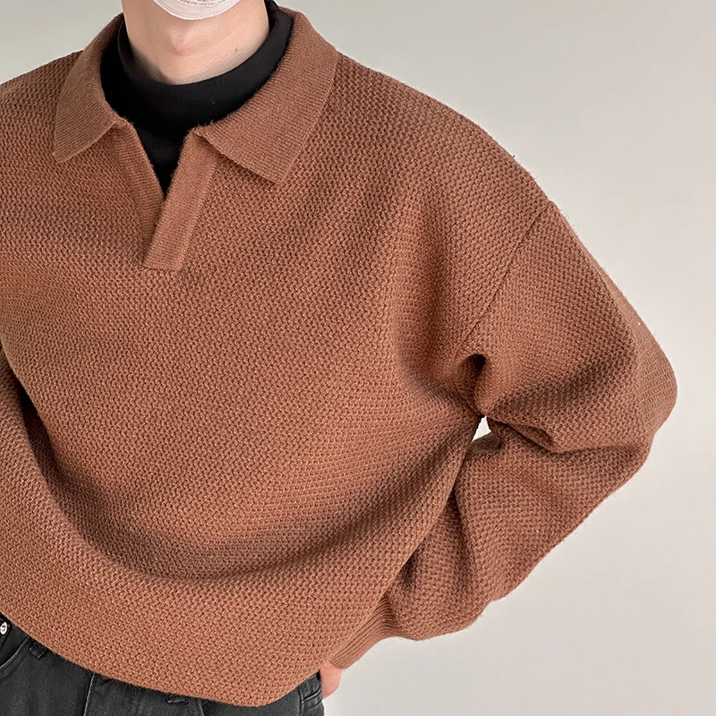 Herbst Winter Koreanischen Stil männer Revers Polo Shirts Pullover Pullover Vintage Lose Innere Layered V-ausschnitt Strickwaren Pullover Jumper – Detail 7