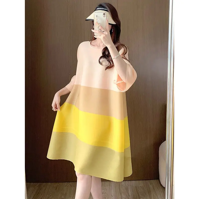 

2025 New High-Quality Fashion Women Summer Loose Straight Dresses Robe Office Lady Clothing Patchwork Pleated Over sized Dress