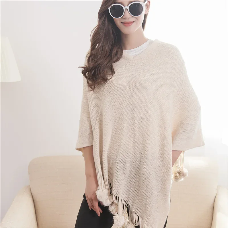 Korean Version Of Spring Autumn Women Shawl Hanging Ball Solid Color Knitted Hanging Ball Cloak Lady Coat Leisure Khaki