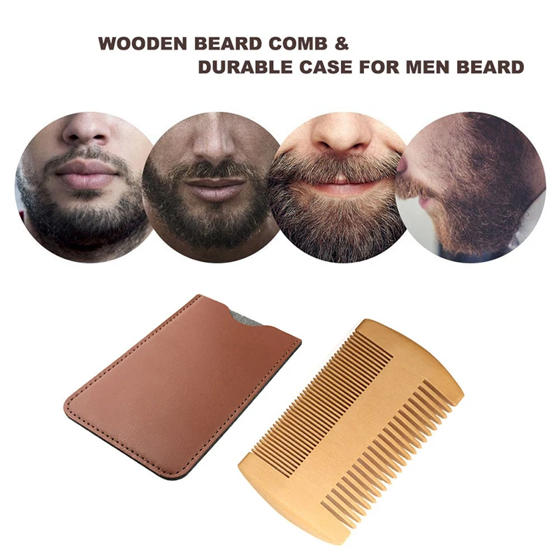 Natural Wood Hair Brush Beard Comb with PU Leather Case Anti-Static Mustache Pocket Comb Brushing Hair Care Tools for Men Gift